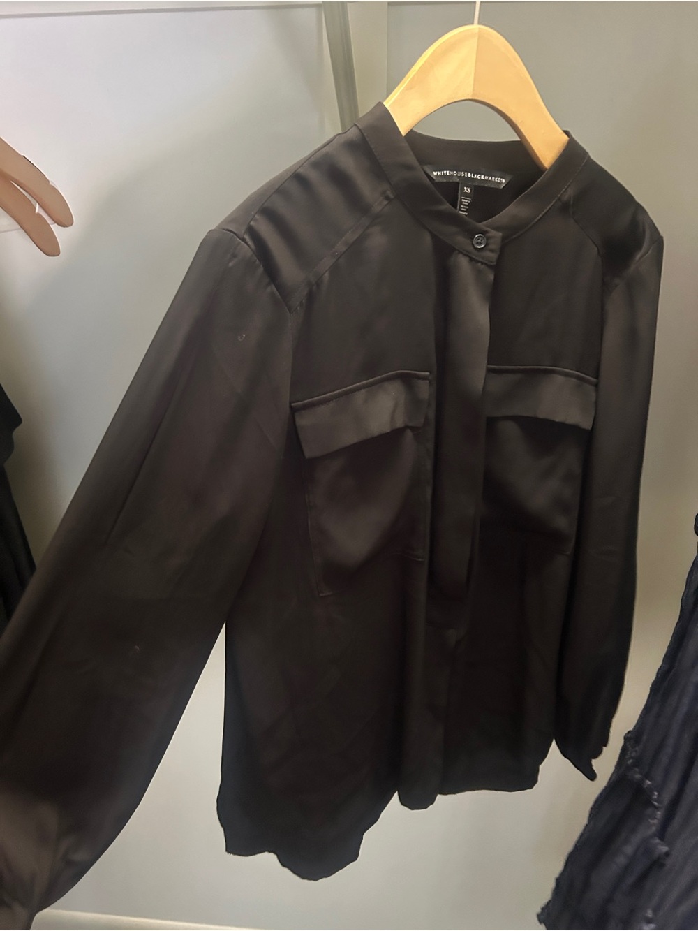 White House Black Market Black Collarless Blouse